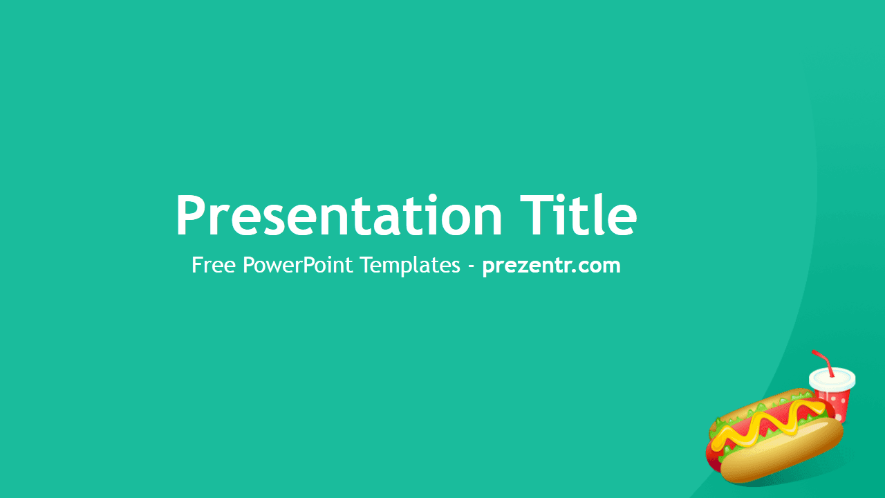 Hot Dog PowerPoint Template cover slide with turquoise background and hot dog illustration