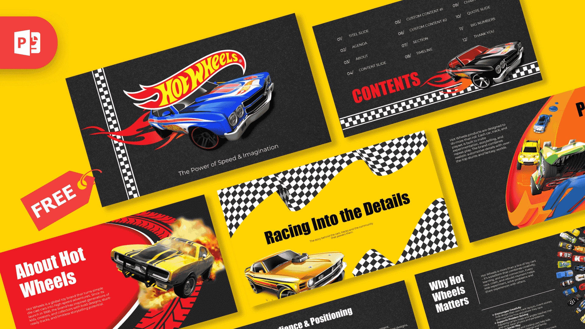 Hot Wheels PowerPoint template cover with blue sports car, red and yellow branding on black background
