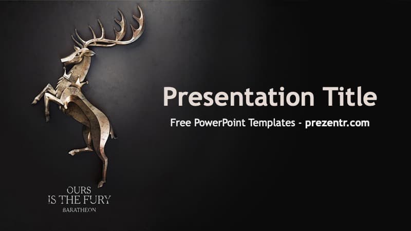 House Baratheon PowerPoint template cover slide with golden stag emblem on dark background