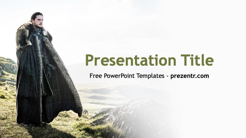 Jon Snow PowerPoint Template cover slide featuring a dark-cloaked figure overlooking misty mountains