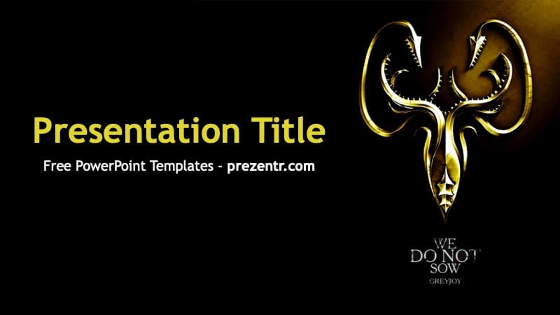 House Greyjoy PowerPoint template cover slide with golden kraken sigil on black background and yellow title text