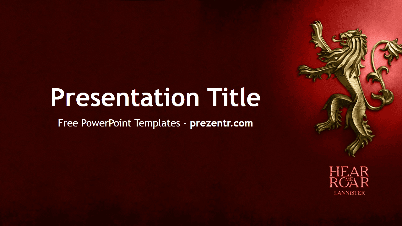 Dark red background with gold lion sigil, "Presentation Title" text and House Lannister PowerPoint Template branding