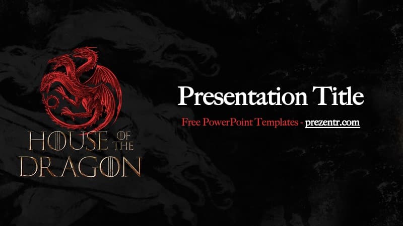 House of the Dragon PowerPoint template cover slide with red dragon sigil, dark background, and title text layout