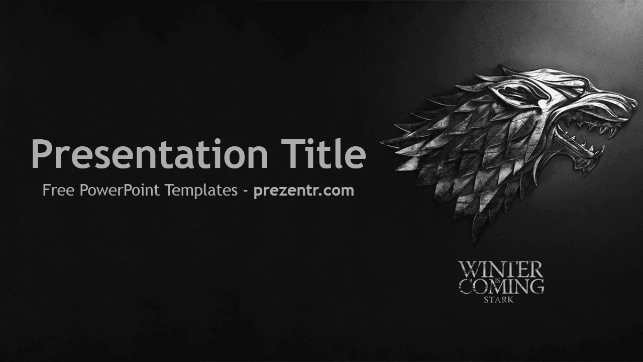 House Stark PowerPoint Template cover slide with dark background, direwolf sigil, and Winter is Coming text