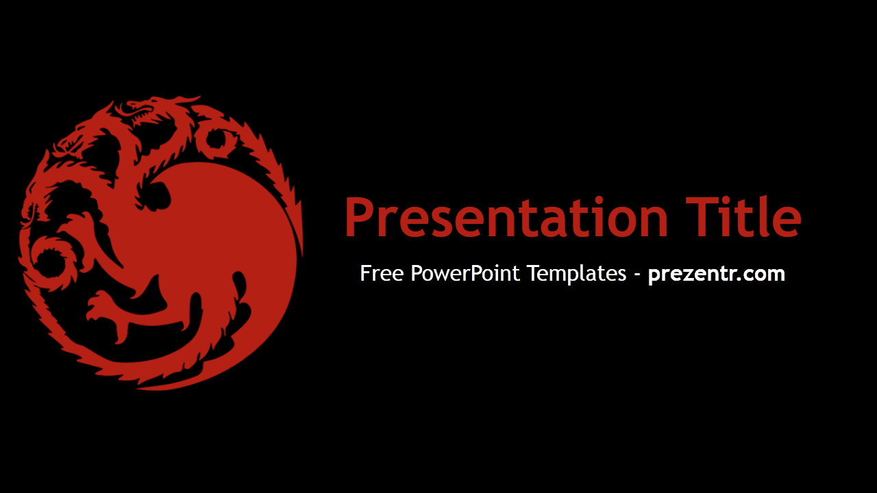 House Targaryen PowerPoint Template cover slide with red three-headed dragon logo on black background and editable title text