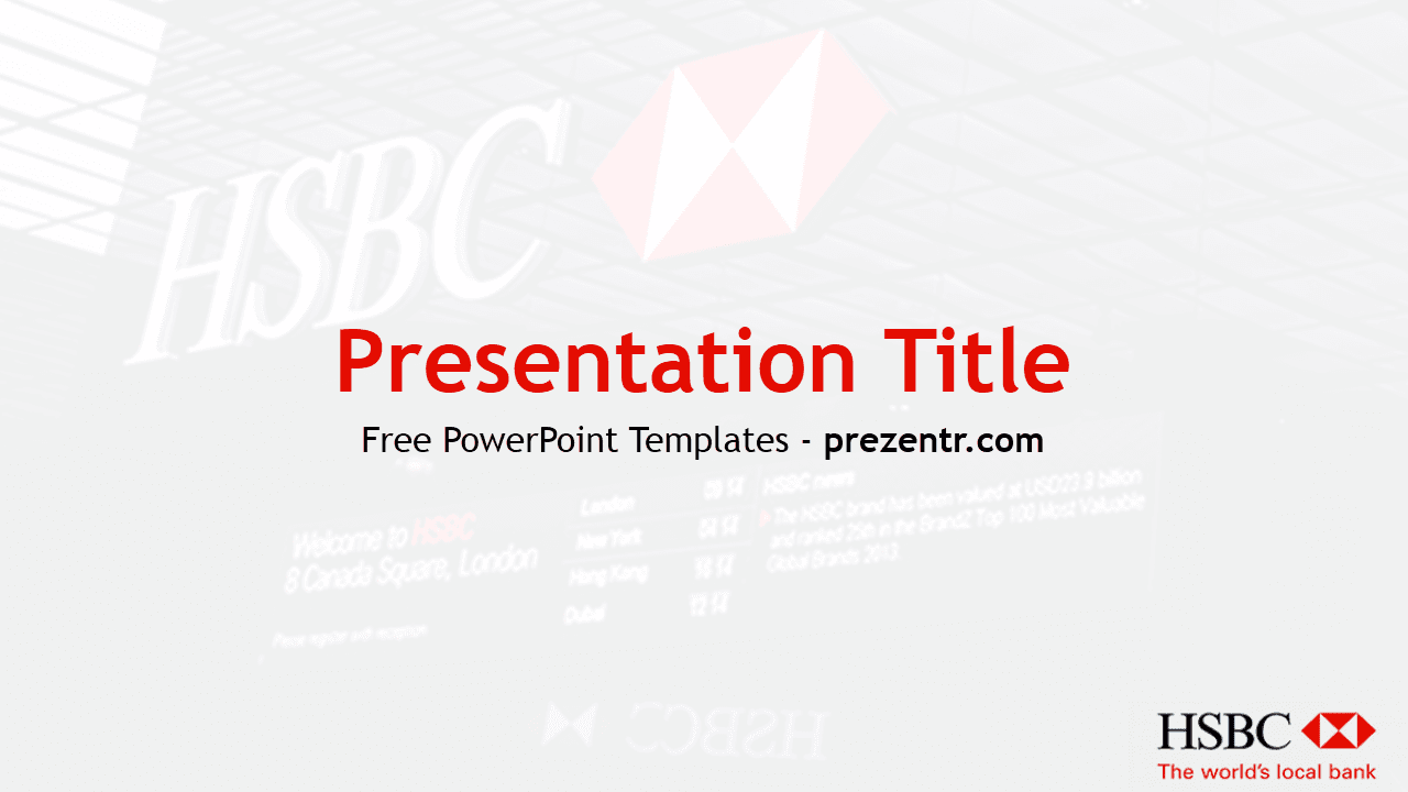 HSBC PowerPoint template cover slide with red title text and geometric logo design