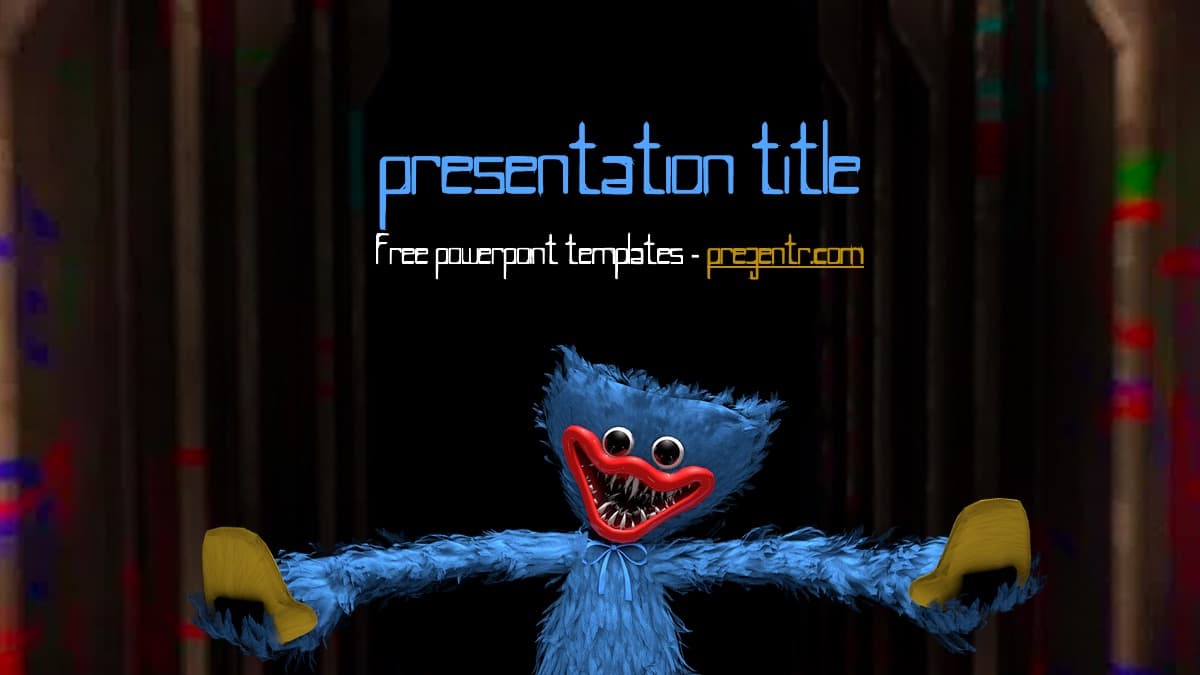 Blue furry character with red smiling face and yellow gloves on dark background for Huggy Wuggy PowerPoint Template