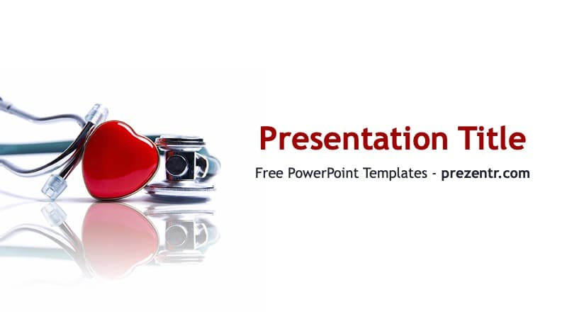 Red heart-shaped stethoscope on white background for Heart PowerPoint Template cover slide