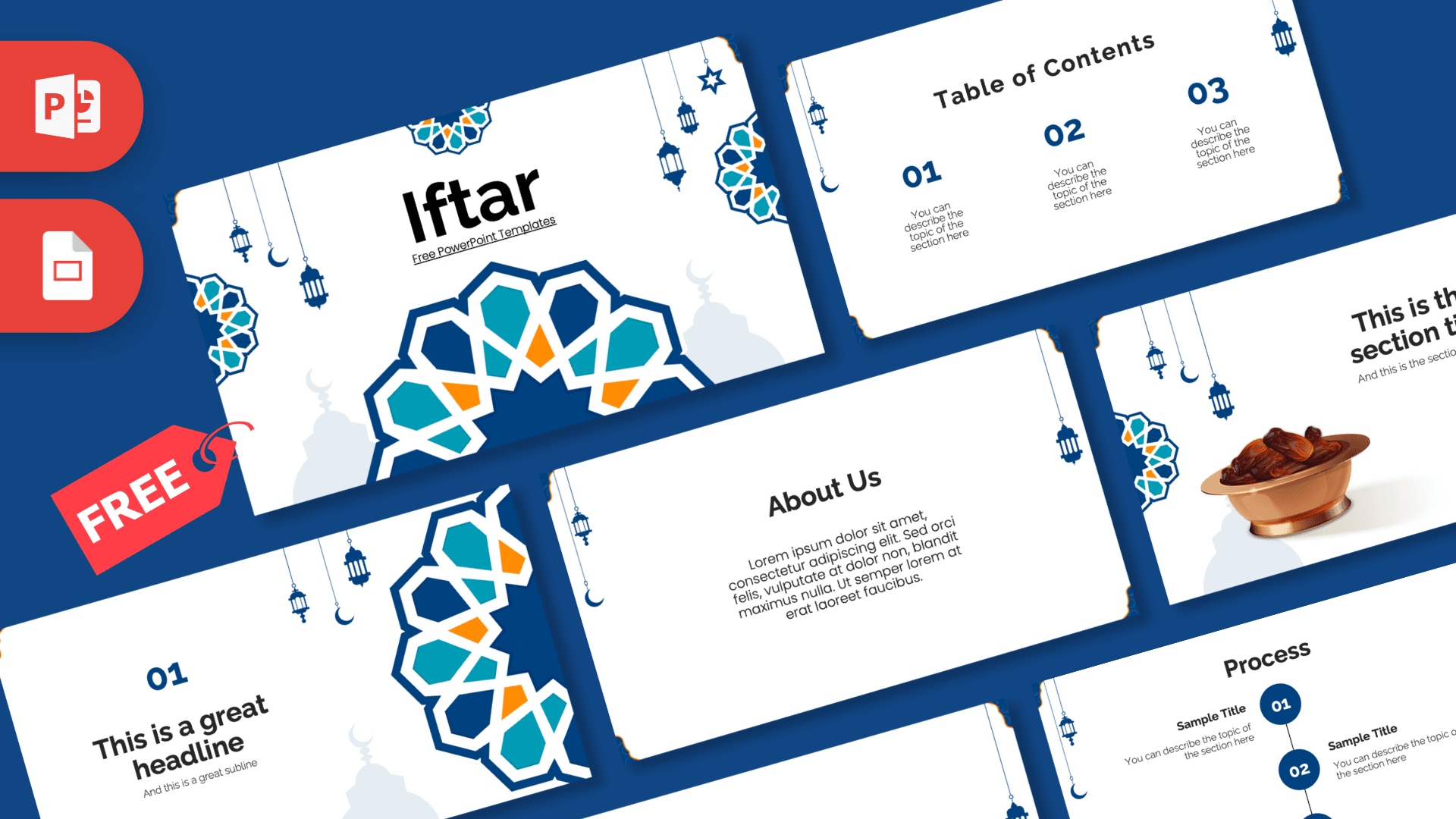 Iftar PowerPoint template cover slide featuring teal and orange geometric patterns with hanging lanterns