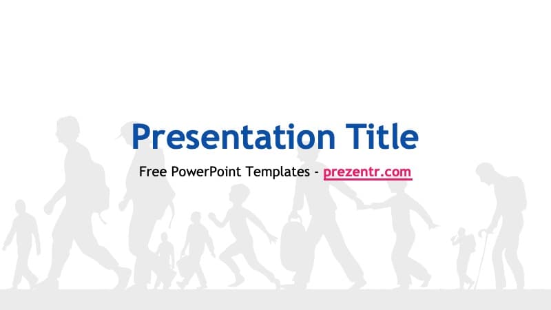Immigration PowerPoint Template cover slide with silhouettes of diverse people and blue text on light background
