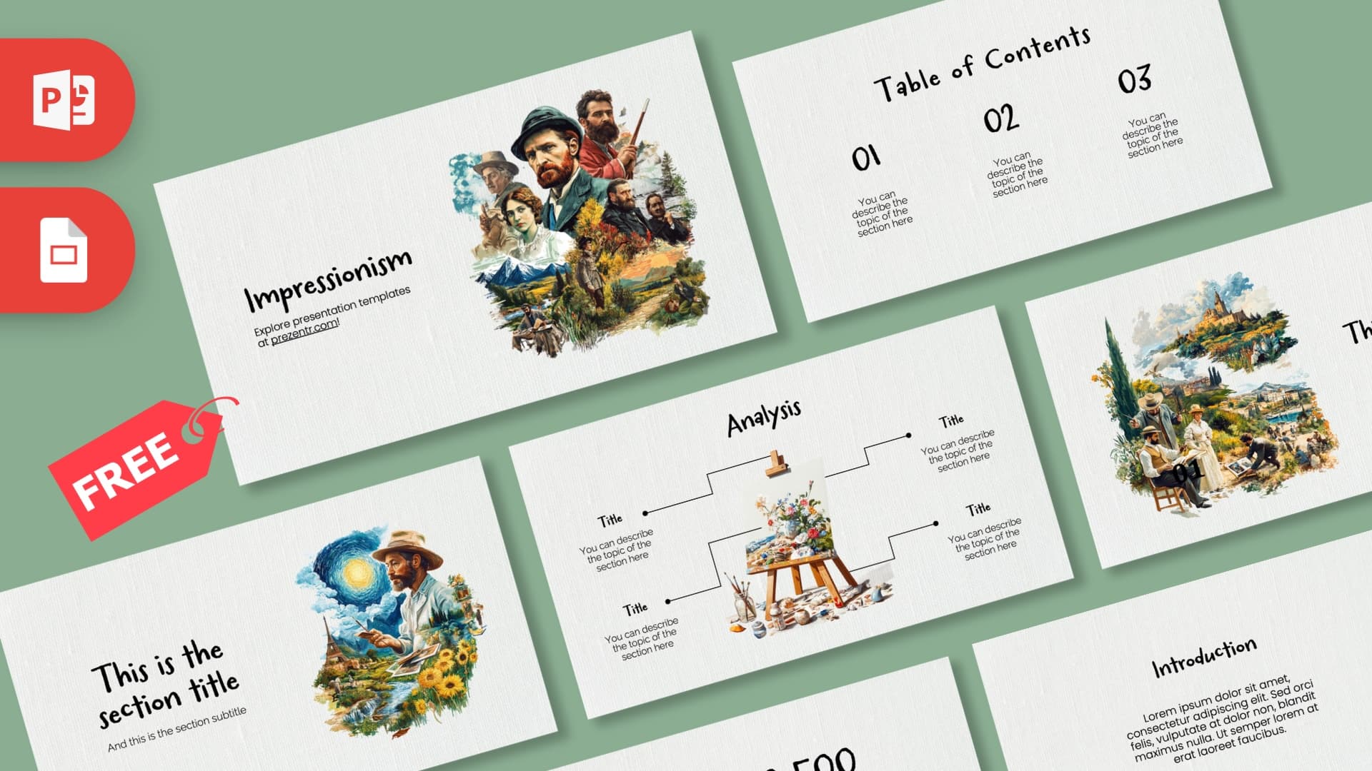 Impressionism PowerPoint template cover with historical portrait collage and mint green background