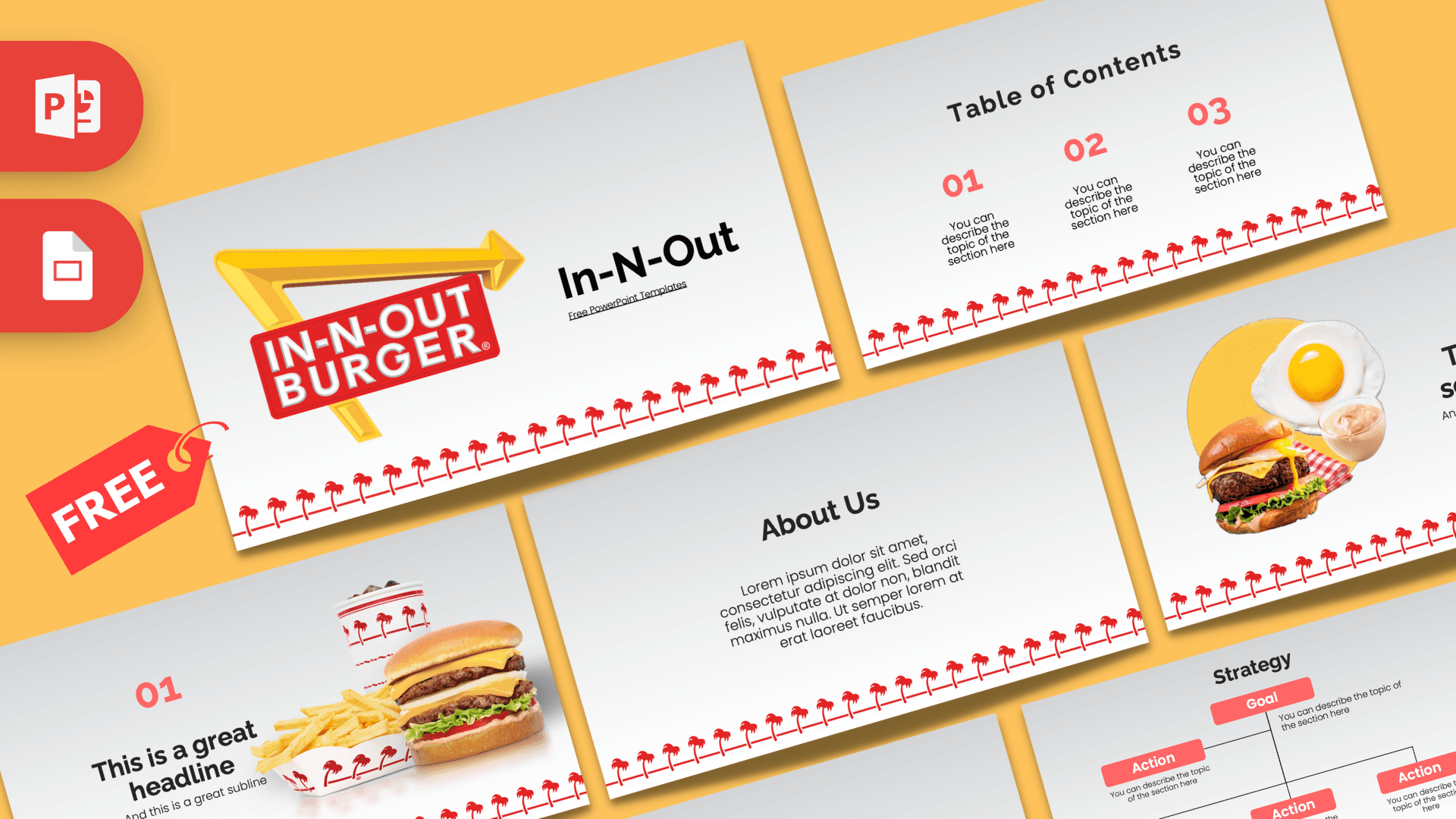 In-N-Out PowerPoint template cover with yellow arrow, red burger logo, and palm tree border design