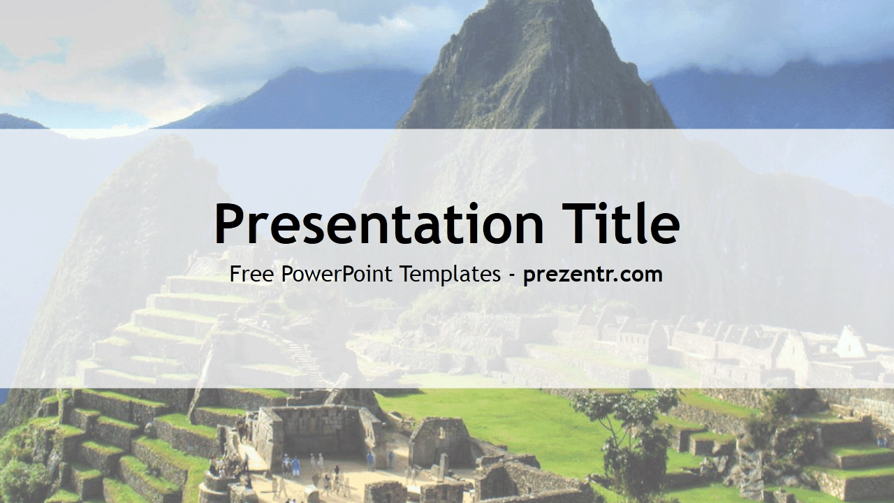 Inca Empire PowerPoint Template cover slide featuring Machu Picchu mountain ruins and green landscape