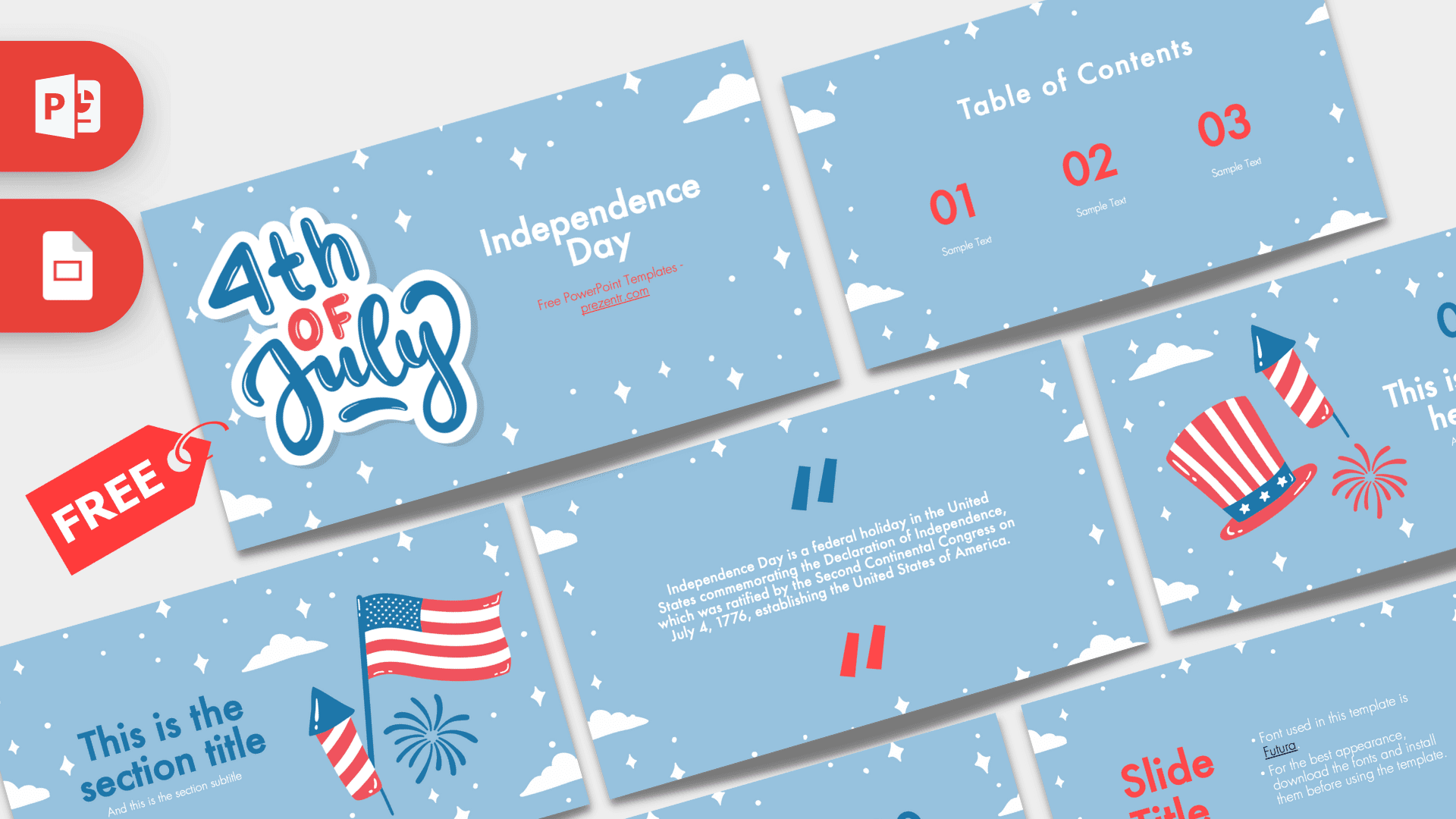 Independence Day PowerPoint template cover with blue sky, white clouds, American flag and fireworks