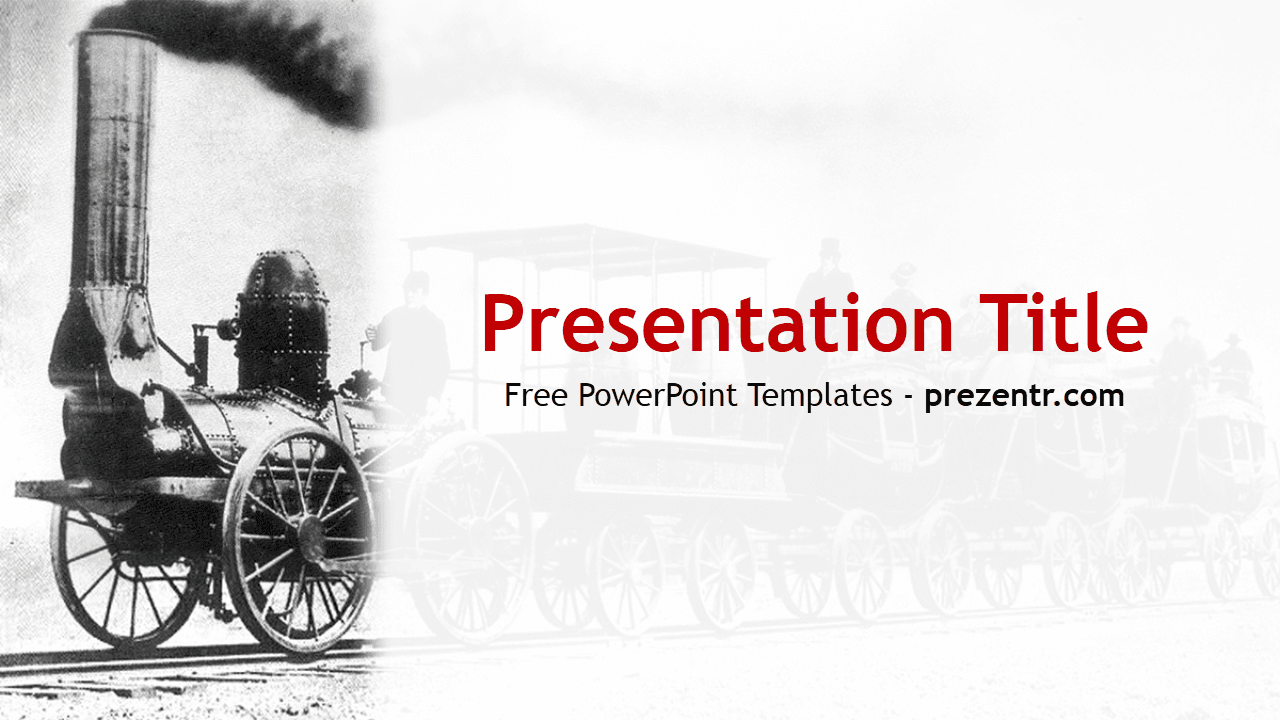 Industrial Revolution template with vintage steam locomotive on black and white background, red title text