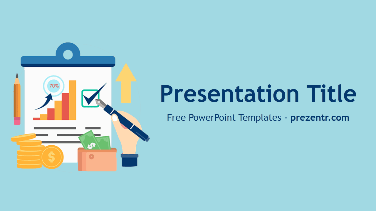 Inflation PowerPoint Template cover slide with light blue background, financial icons, and business analytics graphics