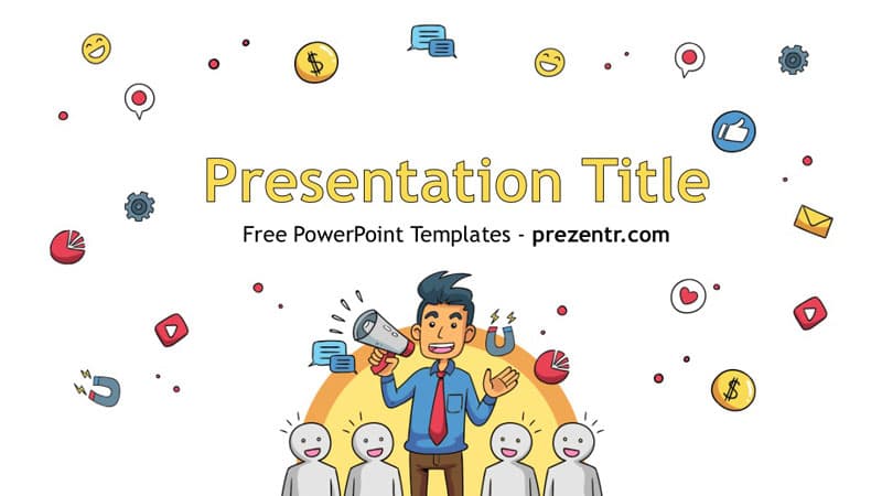 Influencer Marketing PowerPoint Template cover slide with colorful icons and cartoon marketer addressing audience