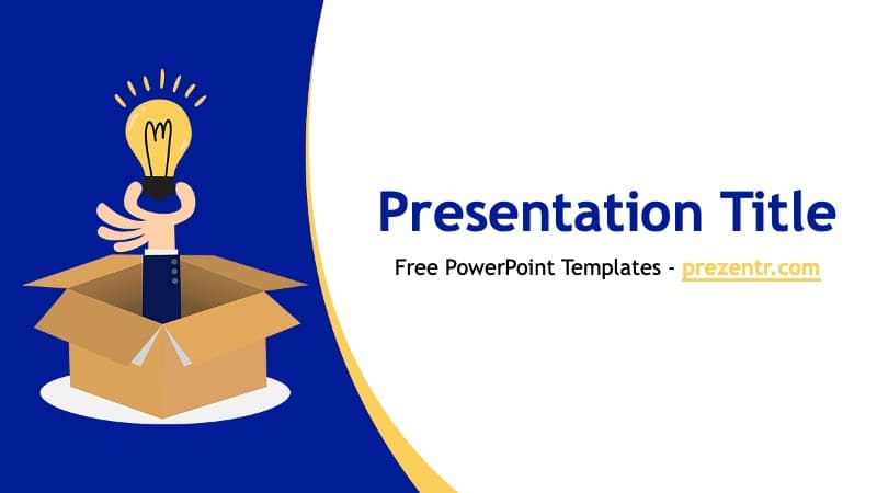 Innovation PowerPoint Template cover slide with blue and gold colors featuring lightbulb in cardboard box illustration