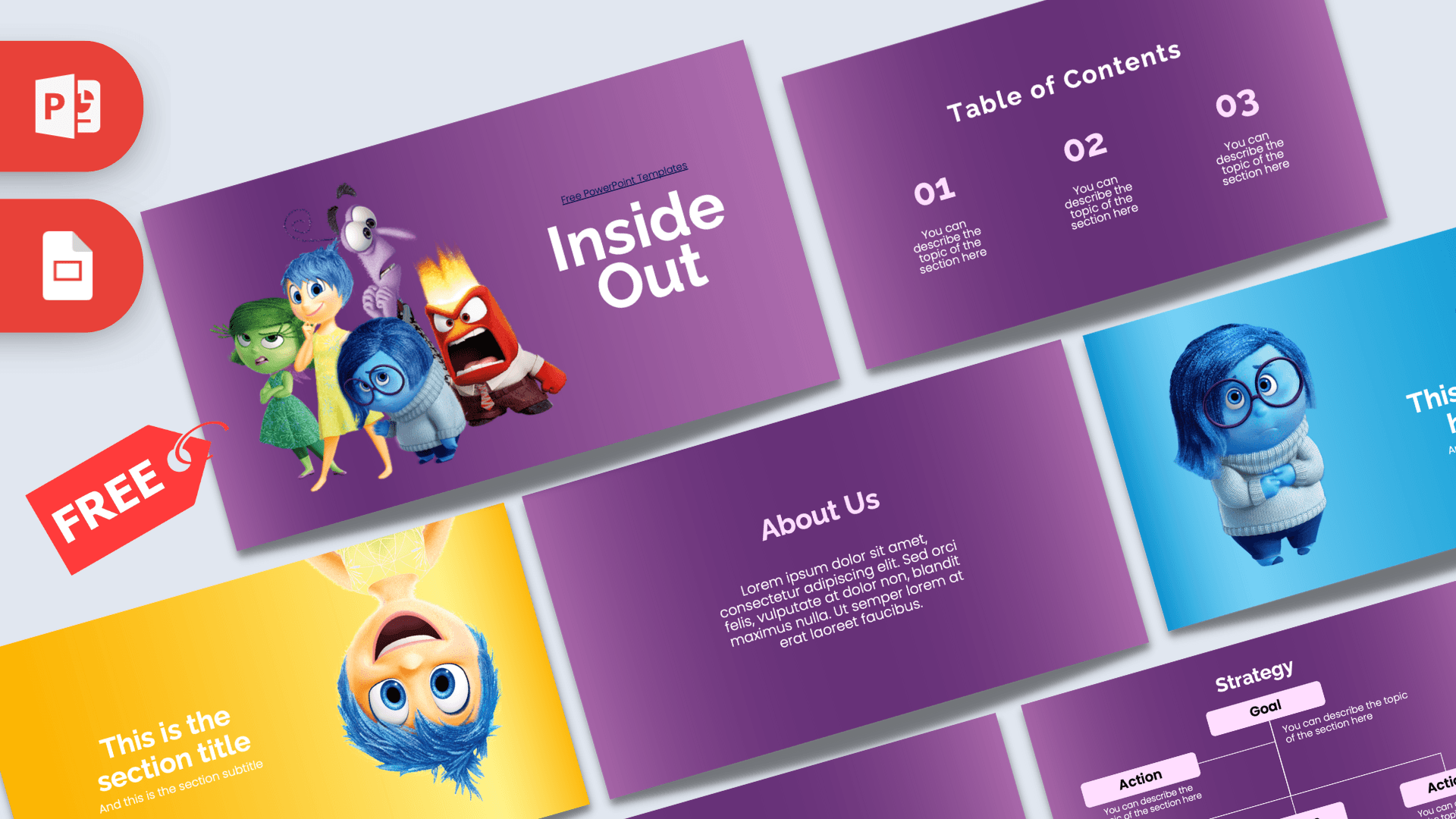 Inside Out PowerPoint template cover slide featuring animated emotion characters on purple background with colorful design