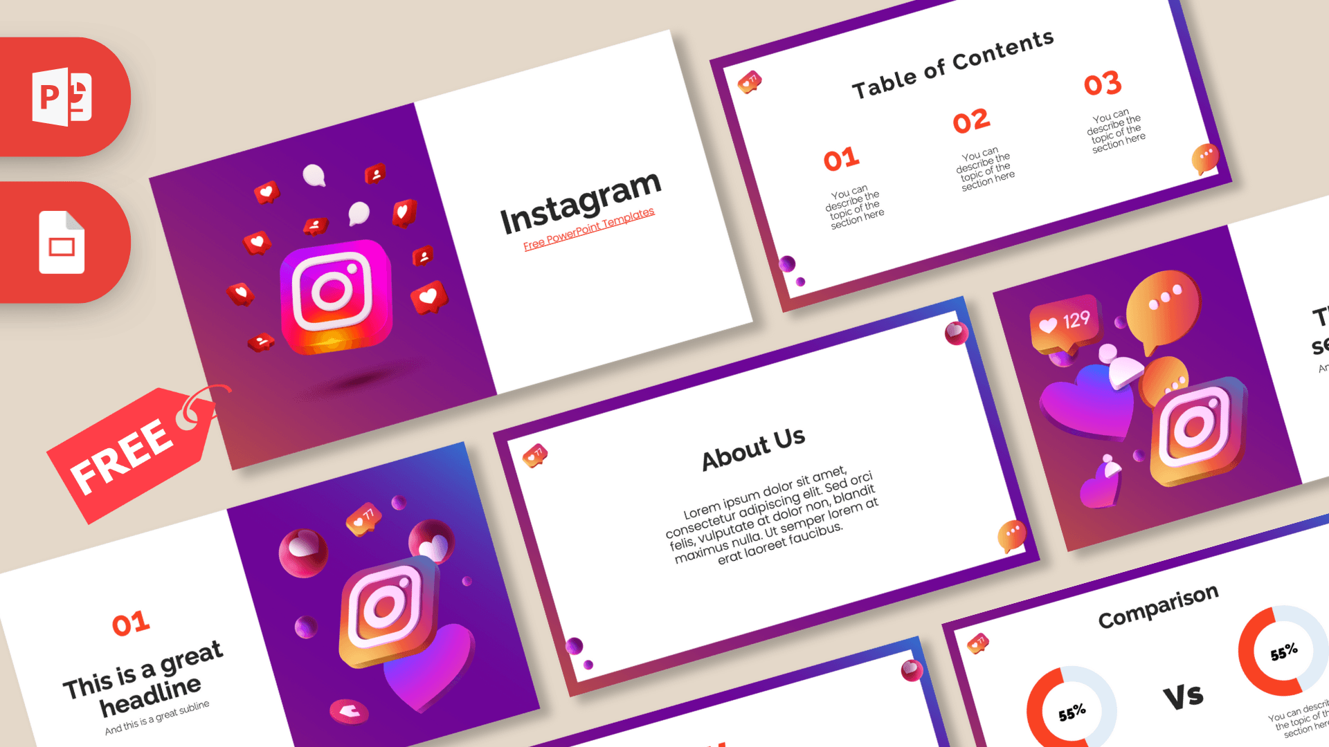 Instagram PowerPoint Template cover slide with neon Instagram logo and purple gradient background