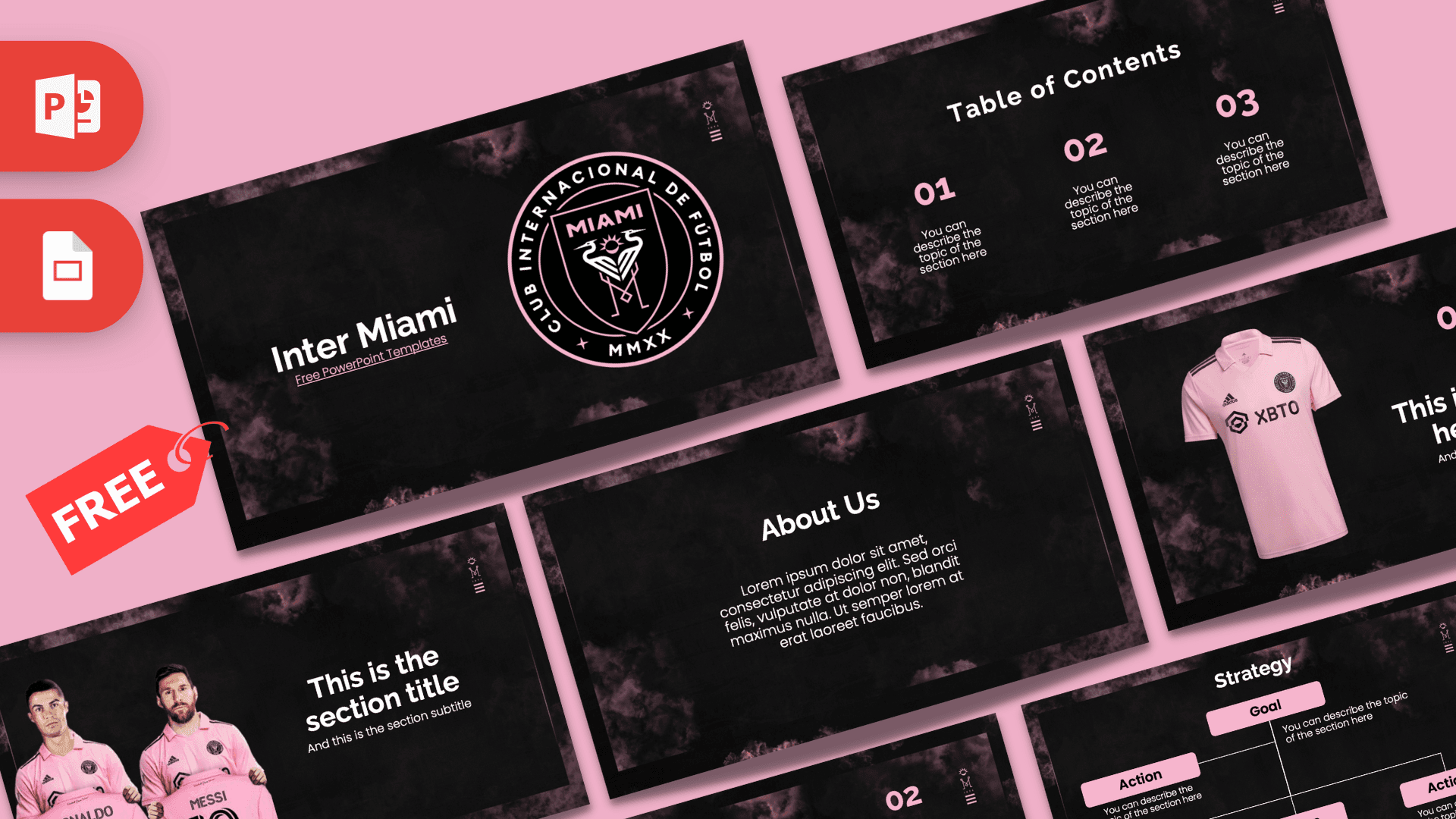 Inter Miami PowerPoint template cover slide with pink and black design, team logo, and layout preview