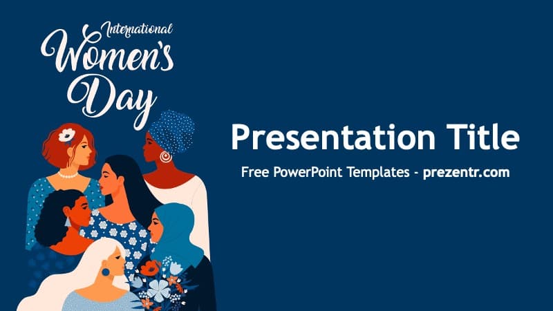 International Women's Day template cover with illustrated diverse women on dark blue background