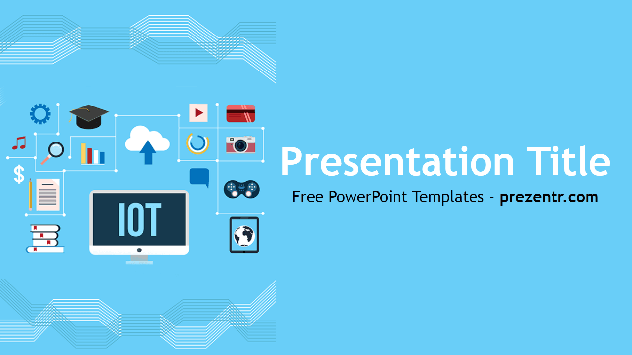 Internet of Things PowerPoint template cover slide with blue background and IoT icons arranged around central device screen