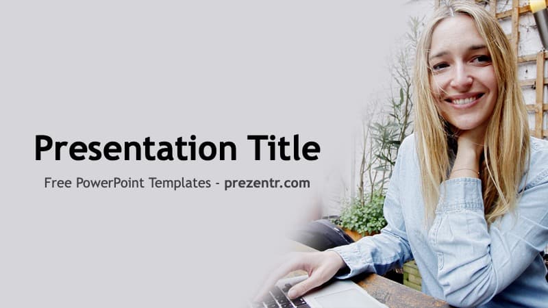 Internship PowerPoint Template cover slide featuring smiling woman at laptop with plants and light background