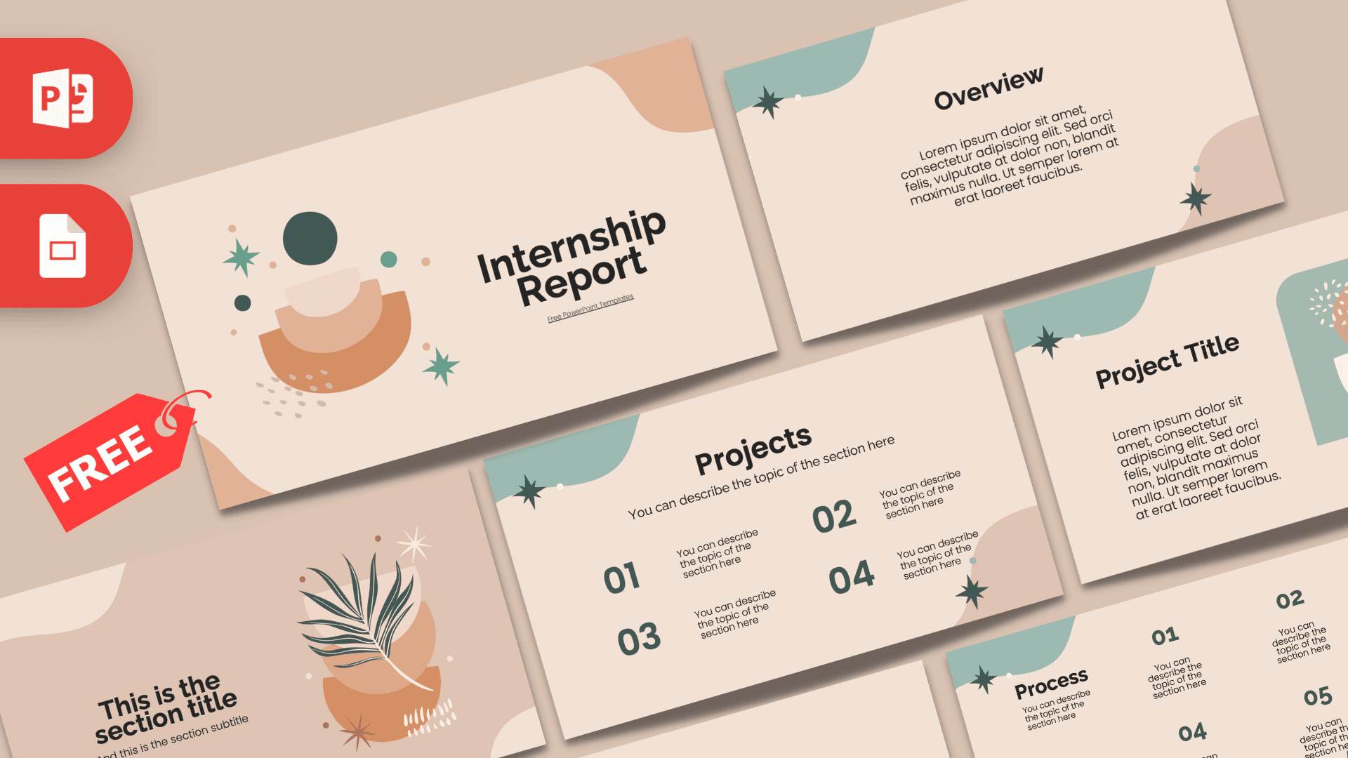 Internship Report PowerPoint template cover slide with beige and teal colors, featuring abstract botanical illustrations and