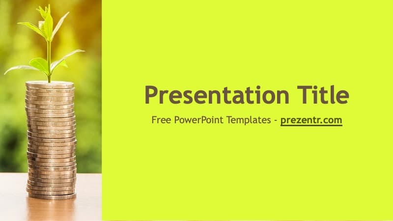 Investment Banking template cover with lime green background, stacked coins and green plant seedling