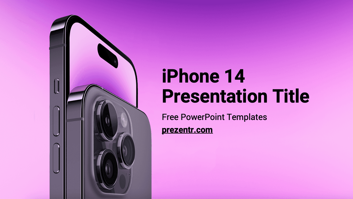 iPhone 14 PowerPoint template cover slide featuring purple gradient background and sleek dark phone showcase