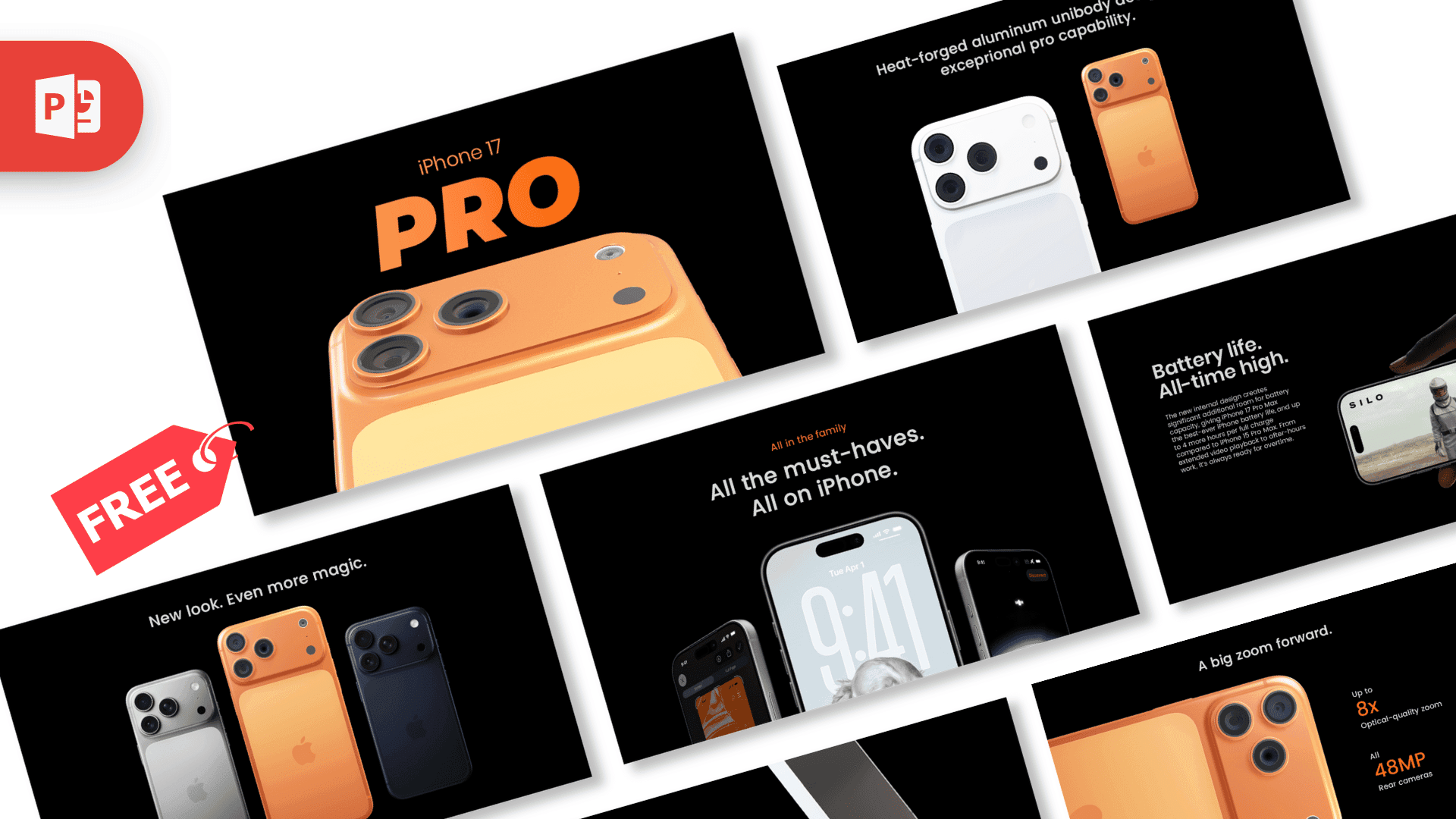 iPhone 17 PowerPoint template featuring orange and white device mockups with camera details on black background