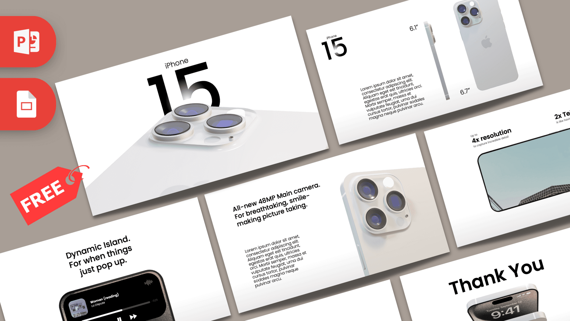 Animated iPhone 15 PowerPoint Template cover with gray background, white cards, and product images