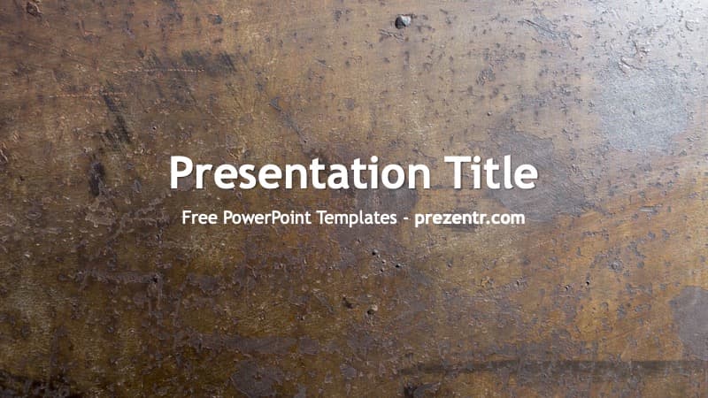 Iron PowerPoint Template cover slide with weathered rust and metal texture background, white title text, and centered layout