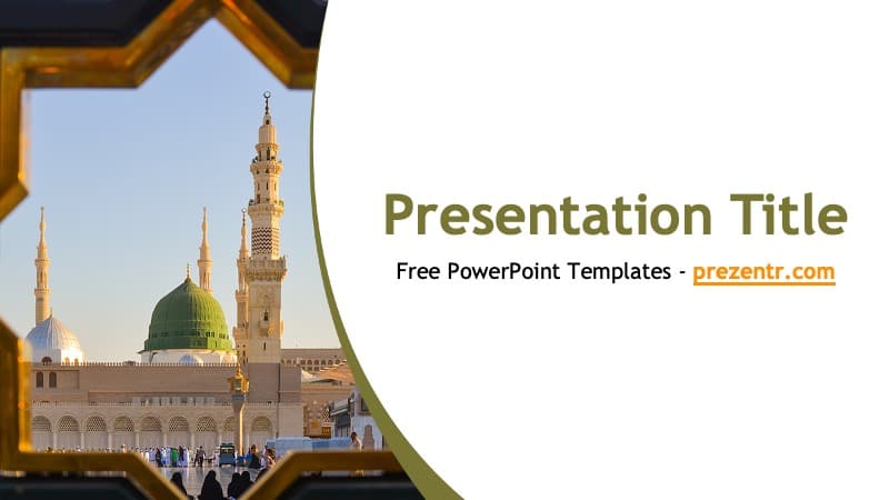 Islamic PowerPoint Template cover slide featuring Al-Madinah mosque with golden frame and olive green accents