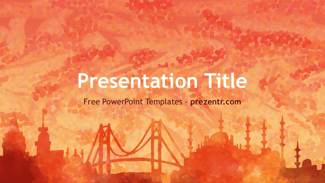 Istanbul PowerPoint Template cover slide with red-orange gradient background and silhouetted cityscape