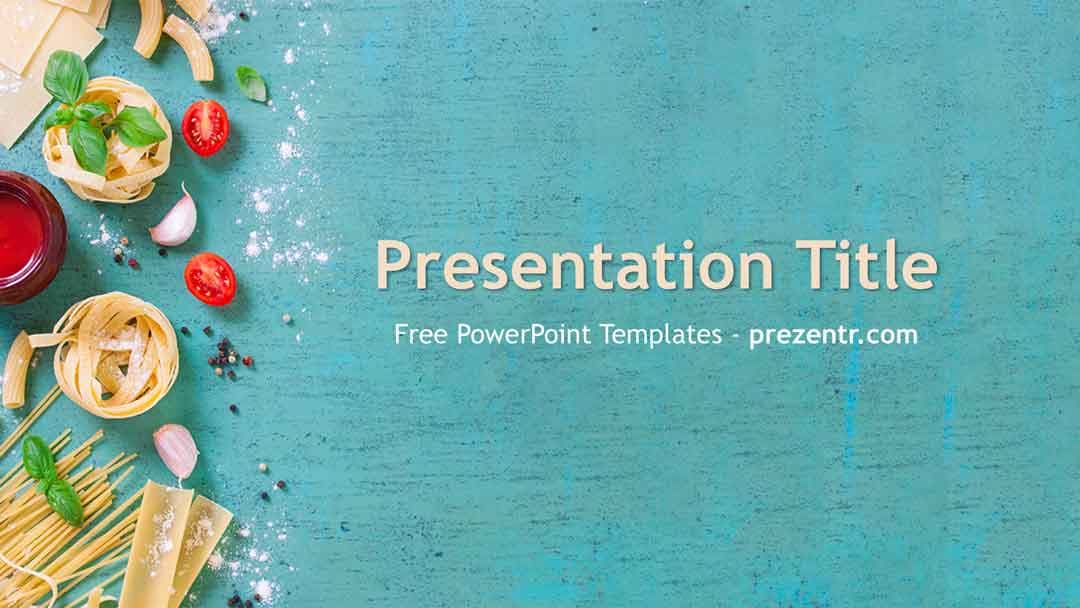 Italian Food PowerPoint Template cover slide with turquoise background and pasta ingredients