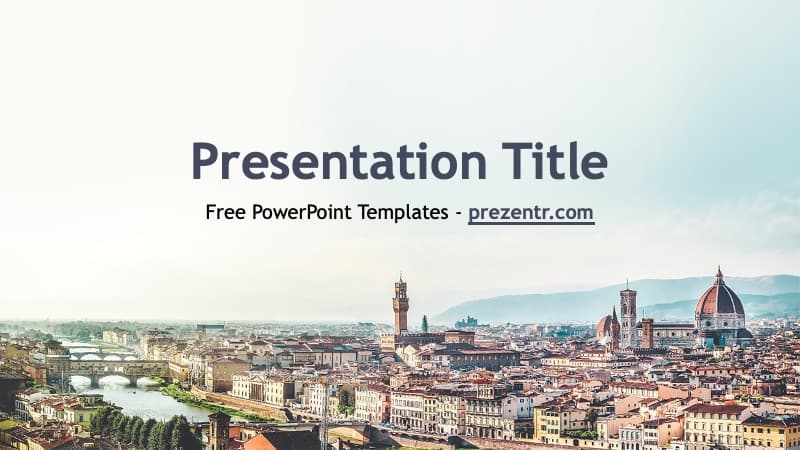 Italy PowerPoint Template cover slide featuring Florence skyline with dome cathedral and blue gradient overlay