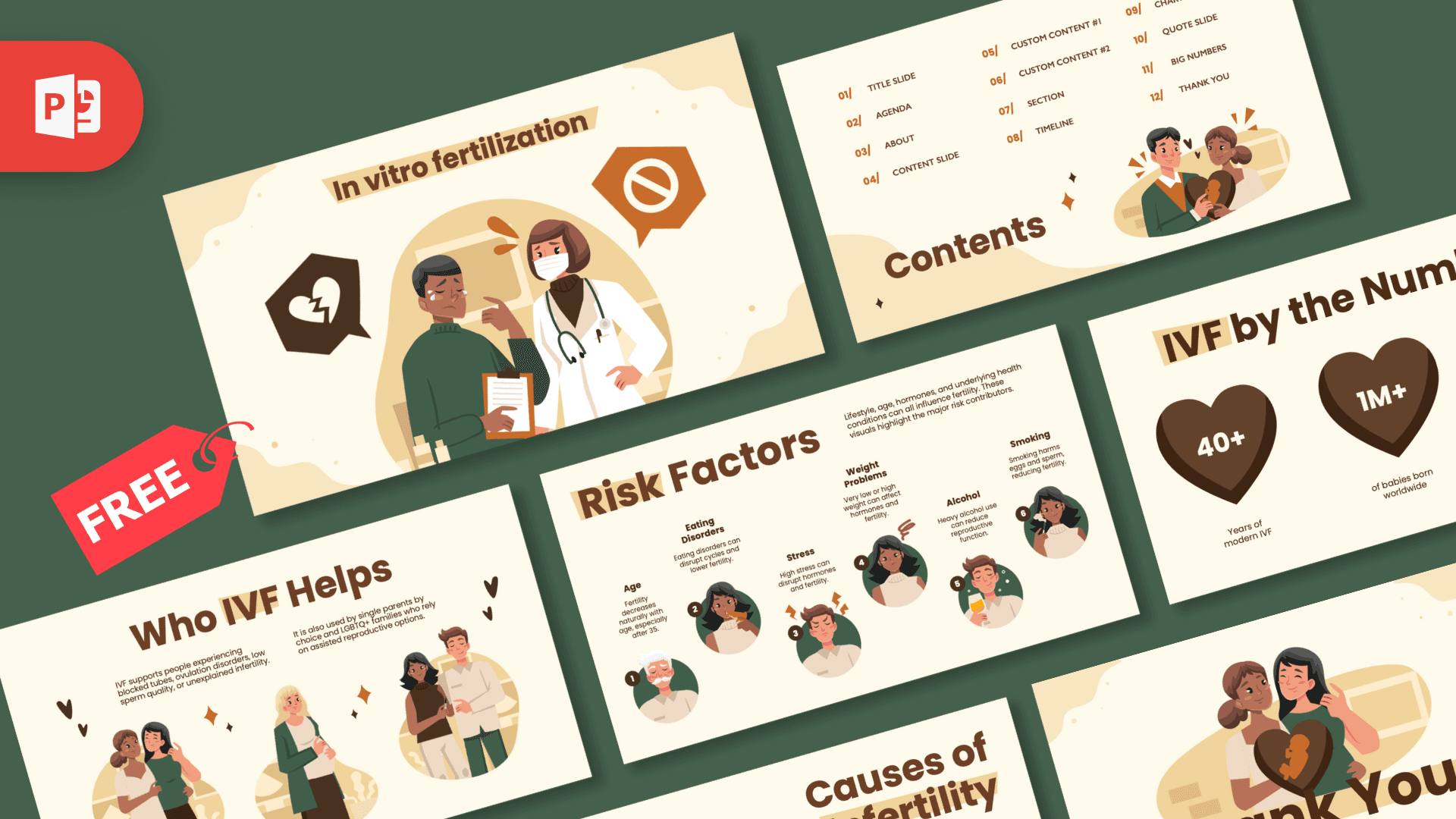 IVF PowerPoint Template cover slide featuring medical consultation illustration with warm beige and green tones
