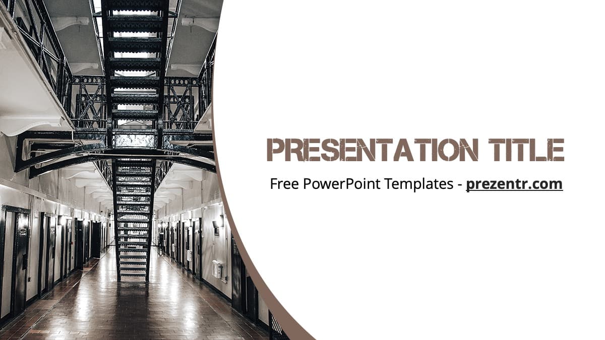 Modern jail or prison corridor with steel cells and industrial infrastructure on Jail PowerPoint Template cover slide