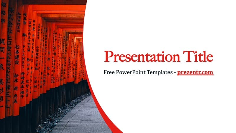 Japan PowerPoint Template cover slide featuring red torii gate tunnel with black pillars and white text area on right side