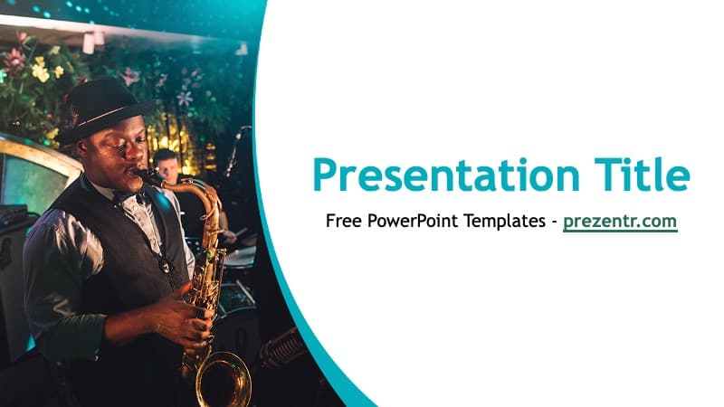 Jazz musician playing saxophone on turquoise curved design, Jazz Music PowerPoint Template cover slide