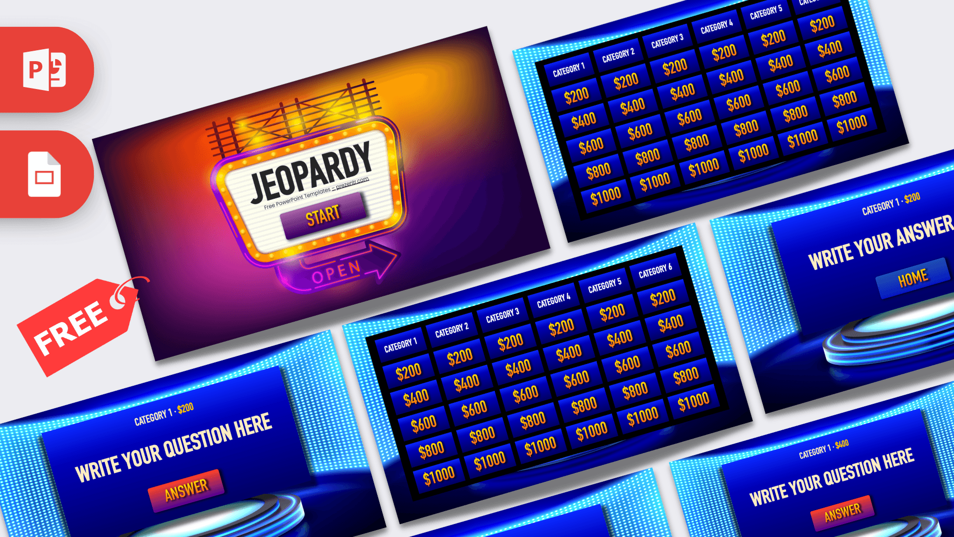 Interactive Jeopardy PowerPoint template cover slide with neon glowing sign and blue game board layout