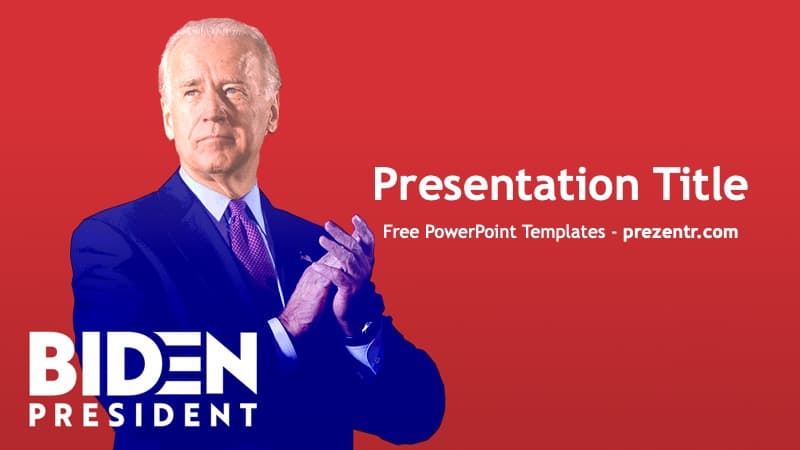 Joe Biden PowerPoint Template cover slide with red background, blue suit figure, and white text