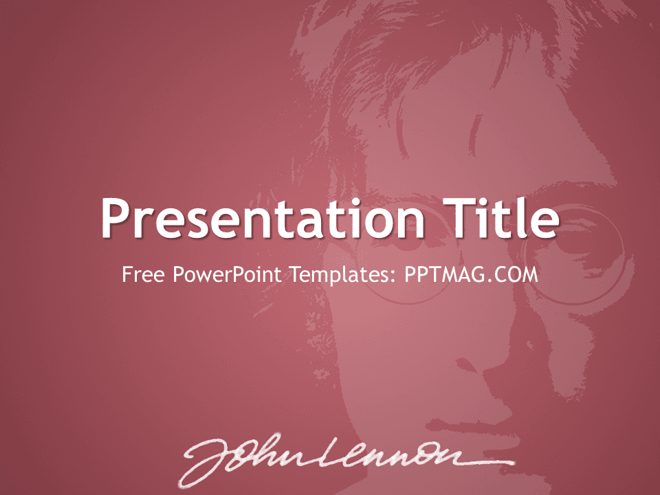 John Lennon PowerPoint Template cover slide with burgundy background, portrait silhouette, white title text, and signature