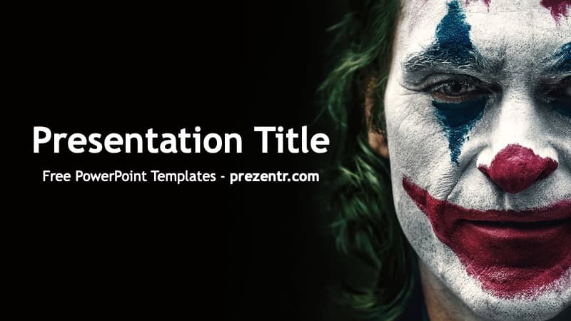 Joker PowerPoint Template cover slide featuring clown face makeup with white, teal, and burgundy colors on dark background