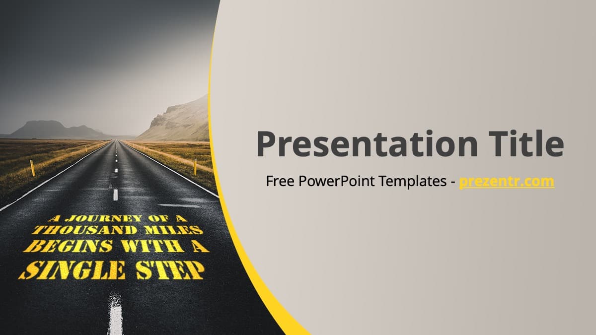 Journey PowerPoint Template cover slide featuring a long straight road with yellow markings and mountains, motivational