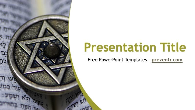 Close-up of Star of David medallion on Hebrew text with yellow curved design on Judaism PowerPoint Template cover slide