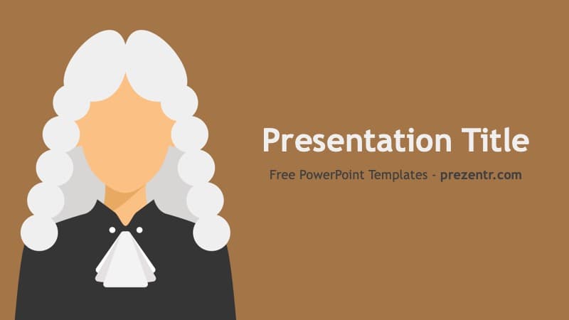 Judge PowerPoint Template cover slide: illustrated judge with white curled wig, black robe on tan background