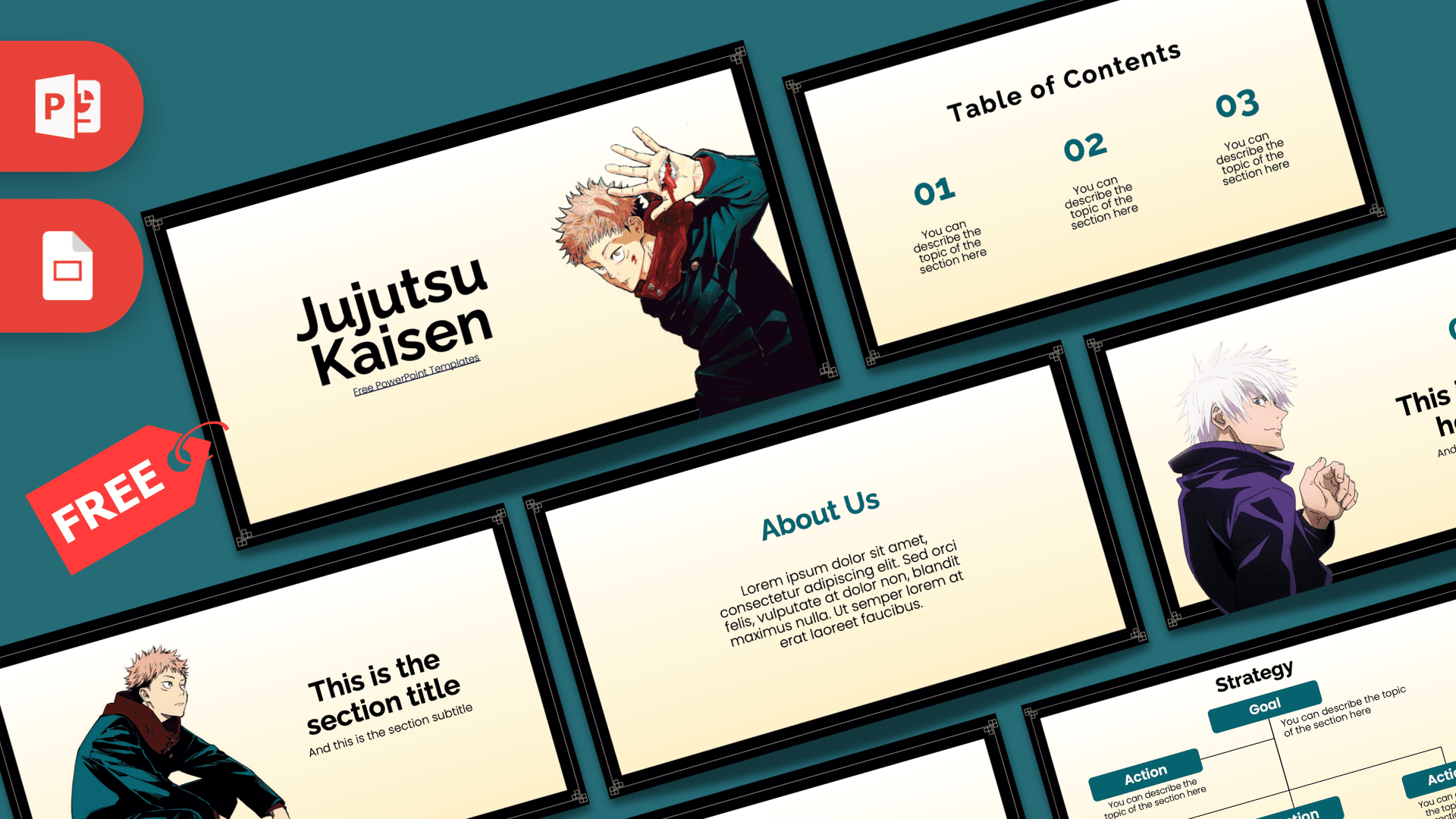 Jujutsu Kaisen PowerPoint template cover slide with anime character and cream/teal color scheme